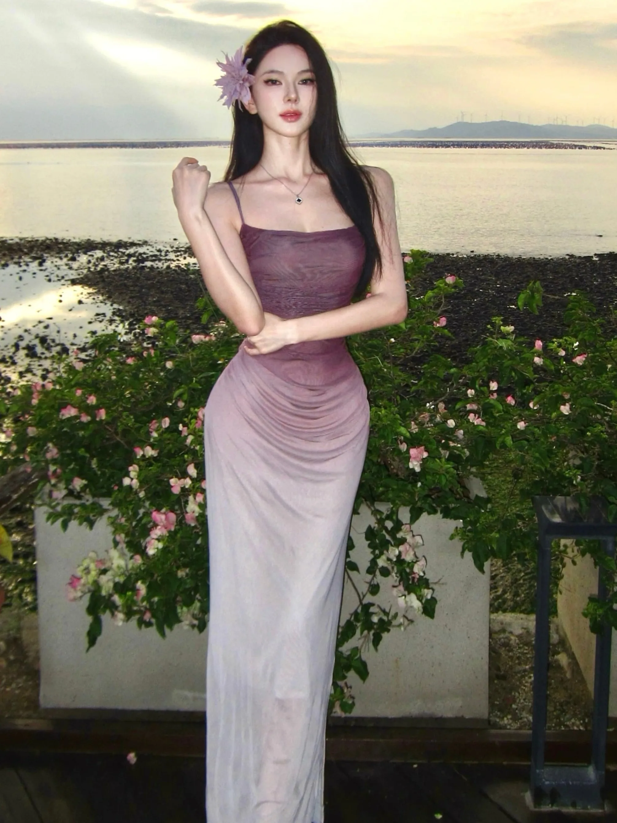 Sexy High Waist Gradient Color Mesh Strap Dress Vest Style Bodycon Backless Holiday Dress for Young Women in Spring Summer Au...