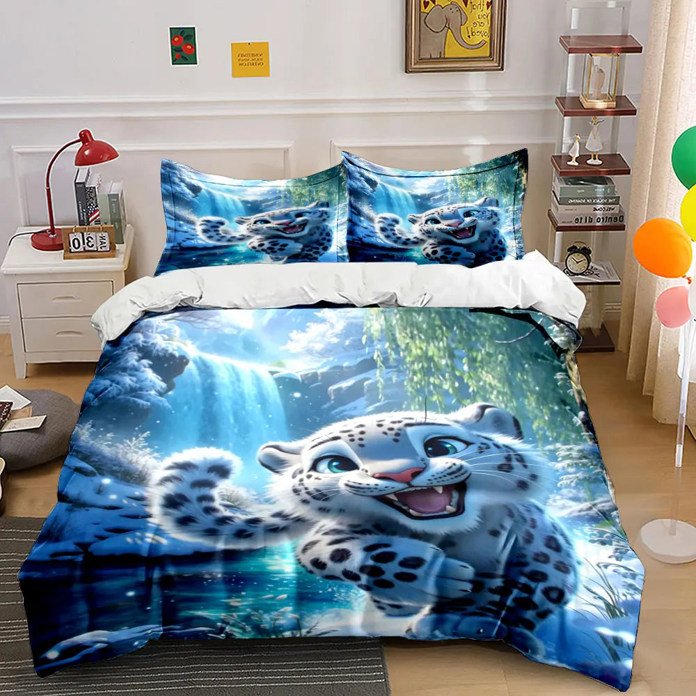 Playful Snow Leopard in Snowy Landscape Print Bedding Set 1 Duvet Cover 2 Pillowcases for Adult and Children Luxury Gift