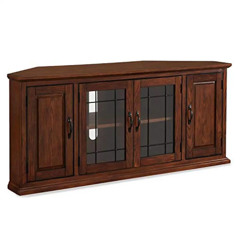 Corner TV Stand with Leaded Glass Doors Oak Finish 60