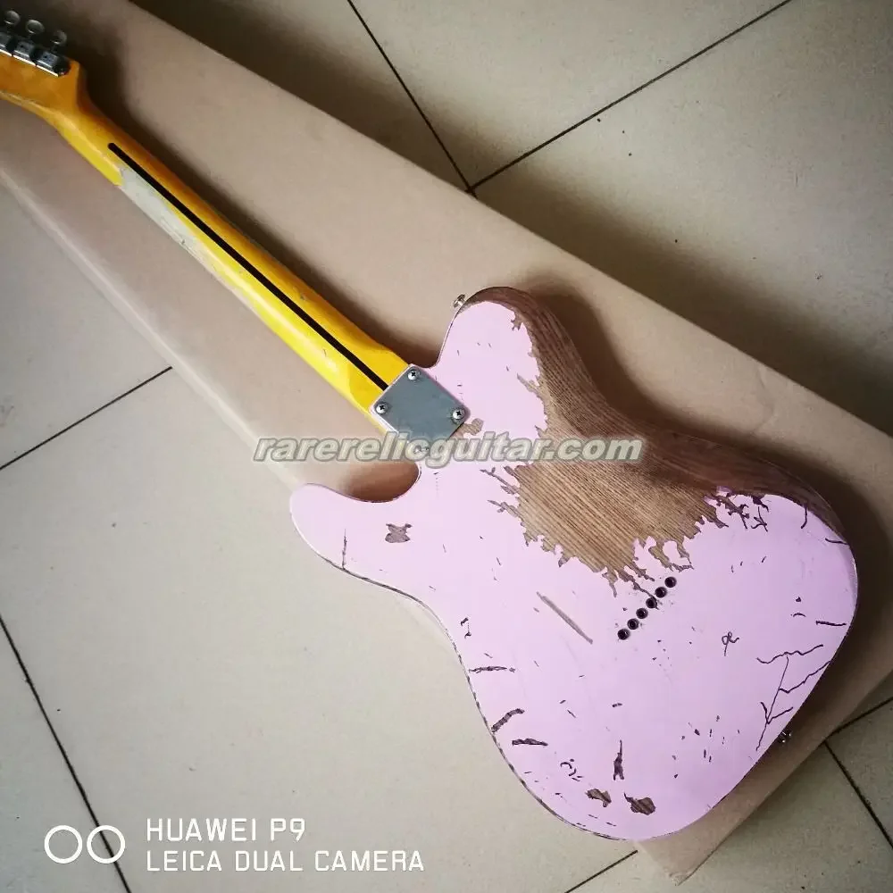 Rare Heavy Relic Pink Masterbuilt Electric Guitar Ash Body Maple Neck Maple Fingerboard Black Dot Inlay Vintage Tuners