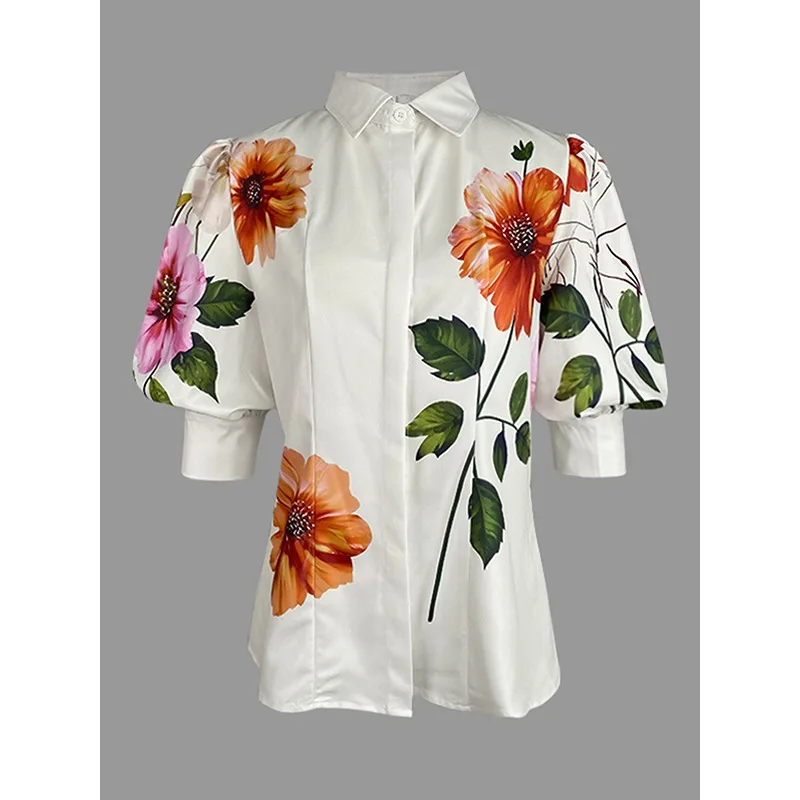 

Tinaa Puff Sleeve Chic Printed Blouse for Woman 2025 Stylish Loose Tops Turn Down Collar Button Commuting Shirts&blouses 179837