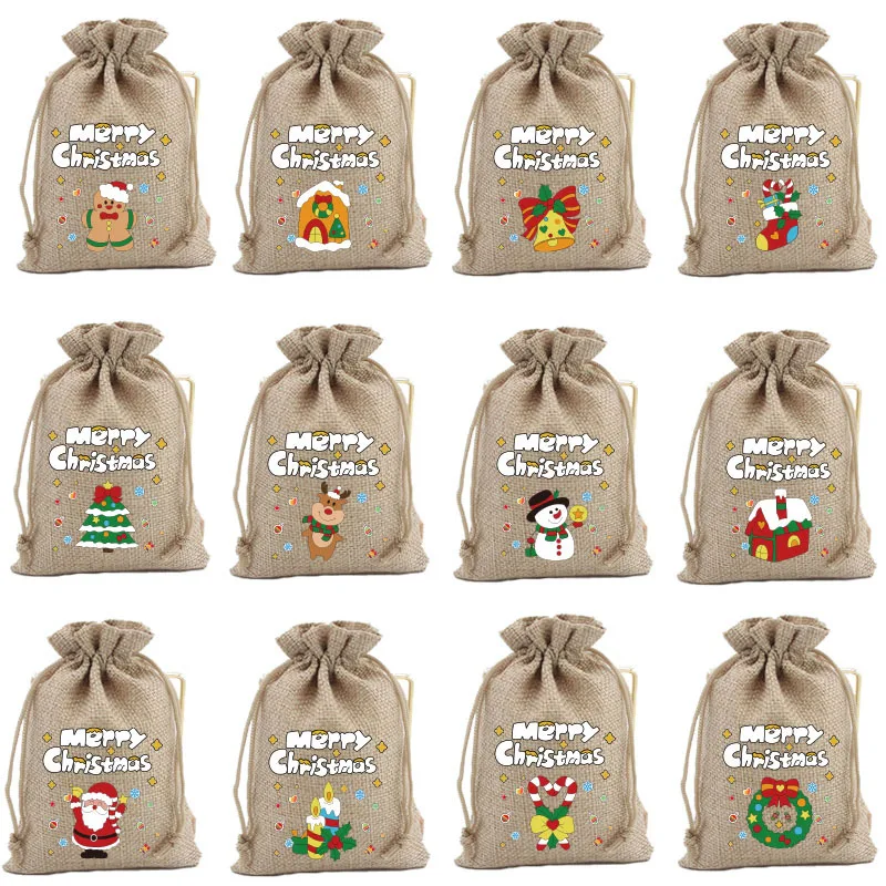 StoBag 5pcs Merry Christmas Linen Drawstring Bags Small Candy Gift Storage Packaging Kids Child Pocket Pouches Party Favors