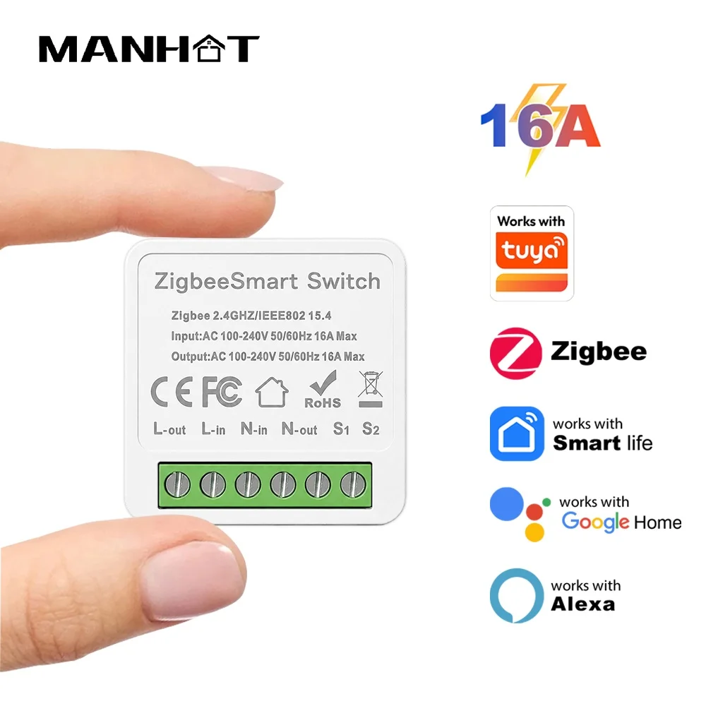 Manhot 16A Zigbee3.0 Smart Switch Smart Home Light Switches Module Support 2 Way Control Timer Works with Tuya Alexa Google Home