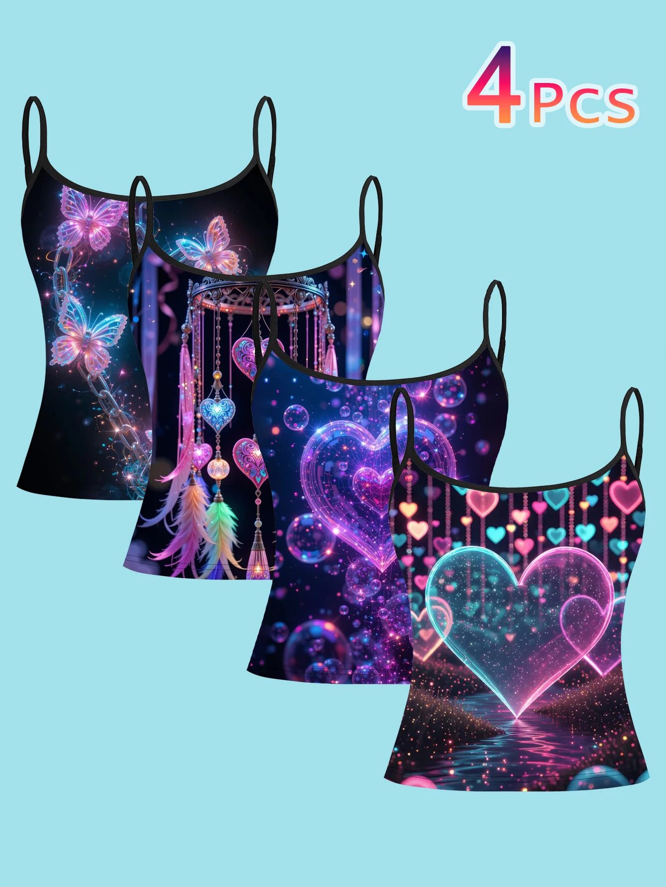 4-Piece Set of Iridescent Heart Dreamcatcher Camisole Set with Glitter Butterfly Fantasy Pattern Women's Slim-Fit Tank Top
