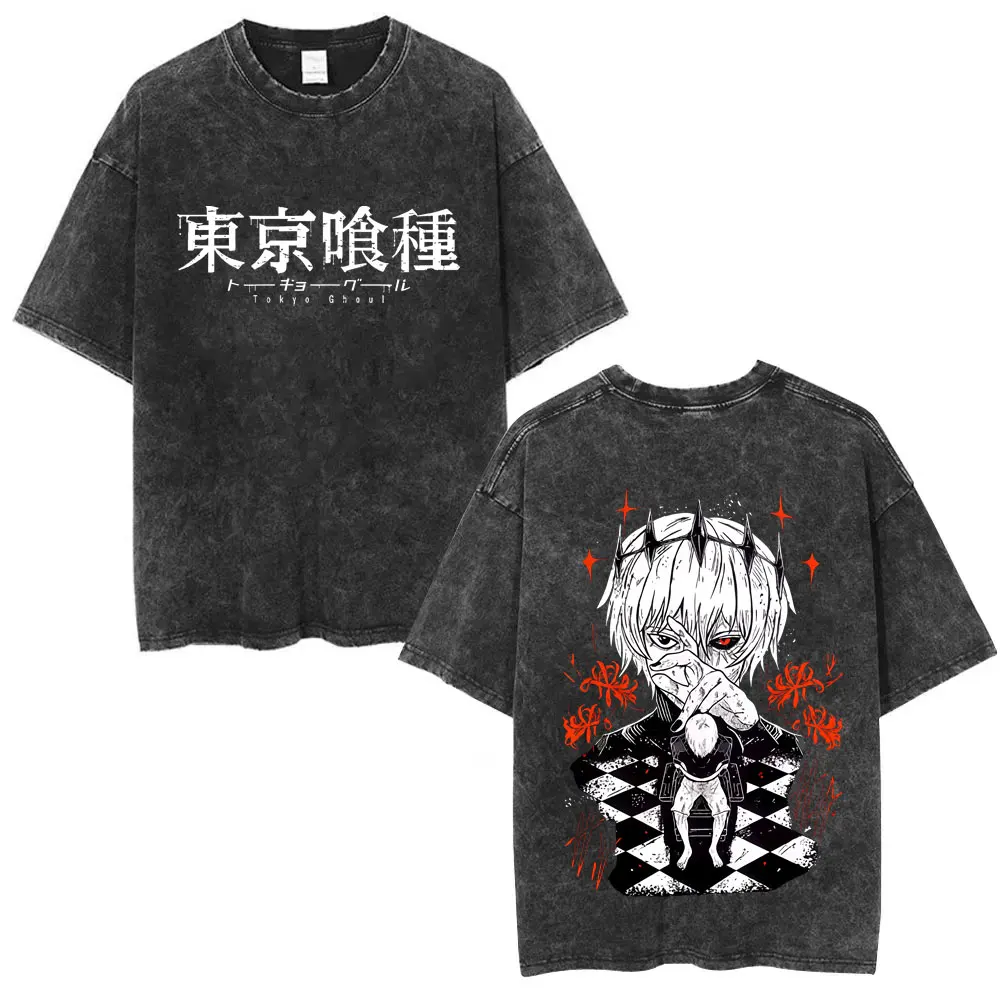 

Washed Vintage Anime Tokyo Ghoul Kaneki Ken Double Sided Print T Shirt Men Women Fashion Cartoon Manga Merch T-shirt Streetwear