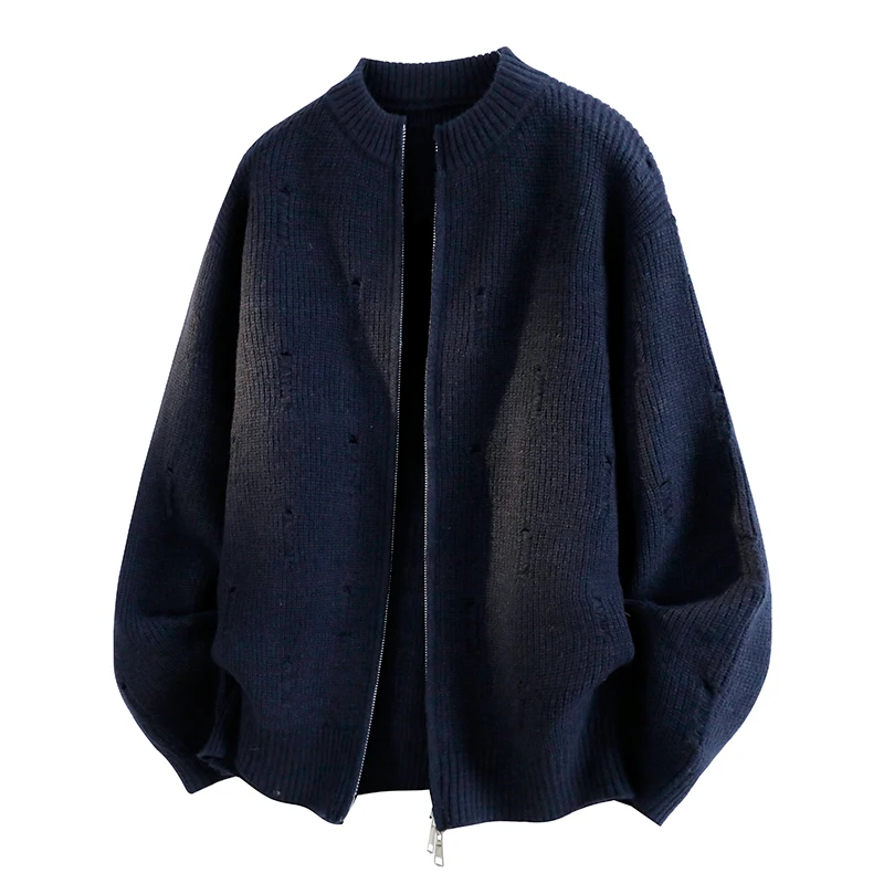 Mens Casual Cable Knit Full Zip Cardigan Sweater Stand Collar Knit Jacket with Side Pockets, Soft Knit Texture, Fall Winter