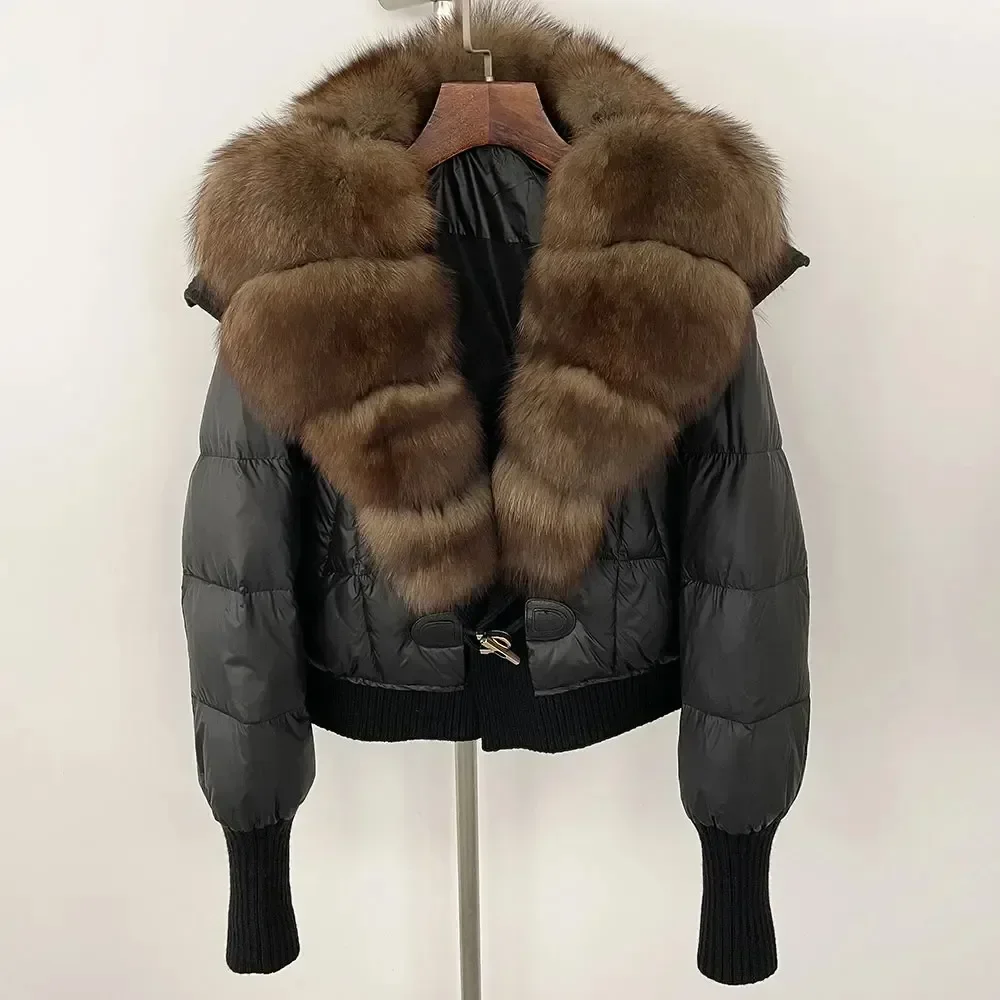 여성용 화이트 덕 다운 재킷 2025 가을 겨울 패션 캐주얼 신상품 리얼 내추럴 폭스 퍼 칼라 두꺼운 따뜻한 숏 코트