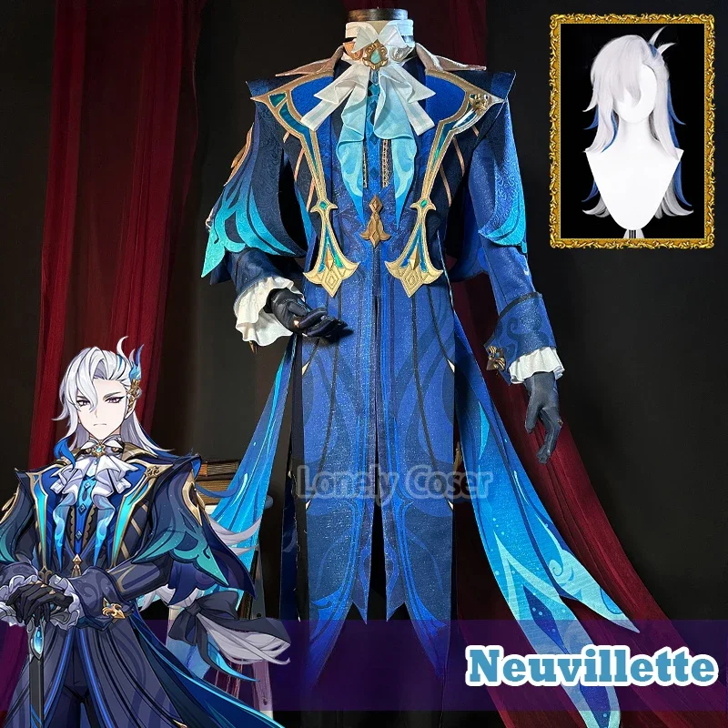 Genshin Impact Neuvillette Cosplay Costume Wig Uniform Headwear Cloak Gloves Chief Justice Fontaine Halloween Uniform Party