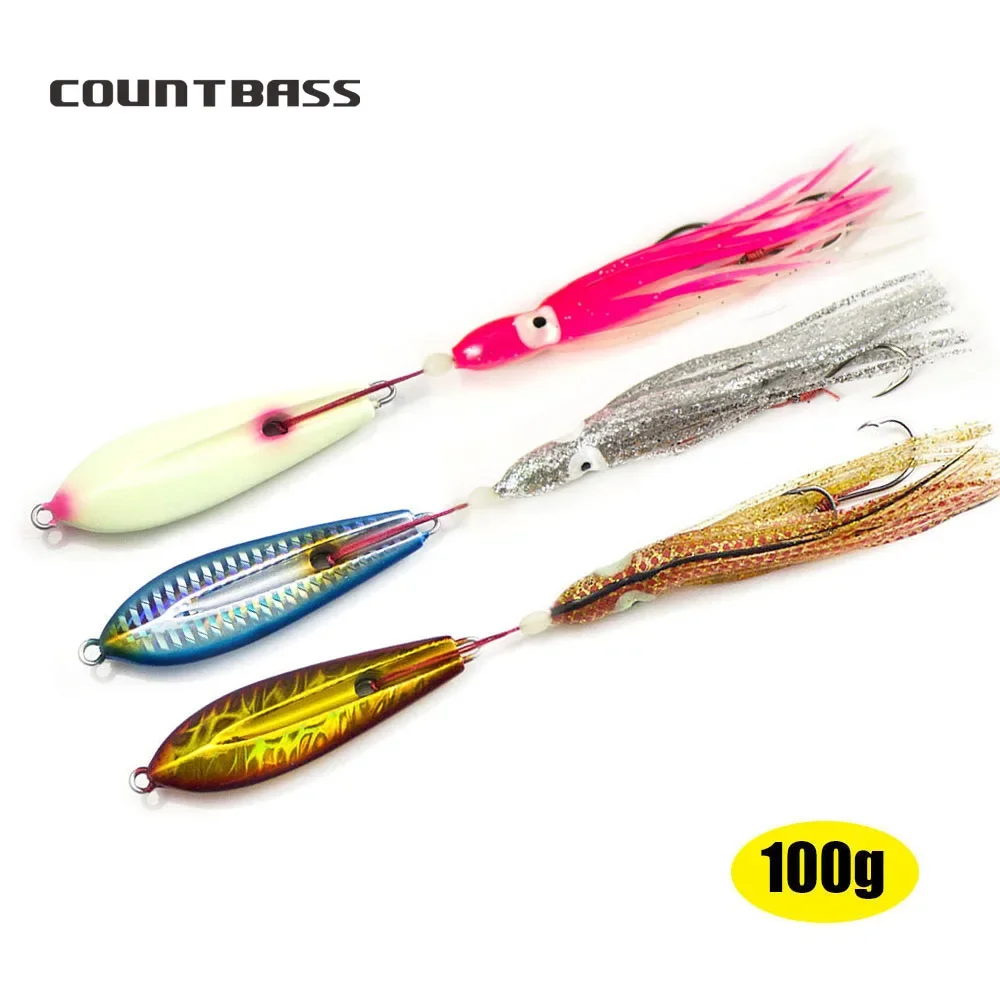 3PCS 100g 3.5oz COUNTBASS Inchiku Jigs with Octoups Assist Hook, Squid Jigging, Saltwater Snapper Luminous Metal Fishing Lure