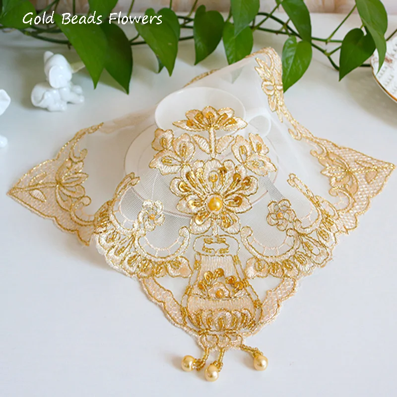 

NEW Mesh beads gold flower embroidery table place mat cloth kitchen wedding Christmas placemat Table decoration and accessories