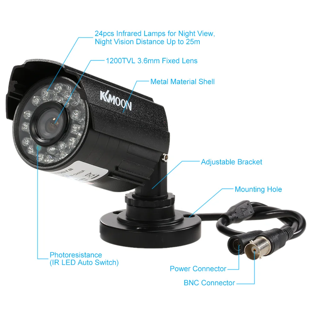 Cámara analógica 200TVL CCTV cámara tipo bala 24 lámparas IR visión nocturna 1/3 ''CMOS IR-CUT impermeable para sistema PAL de seguridad del hogar