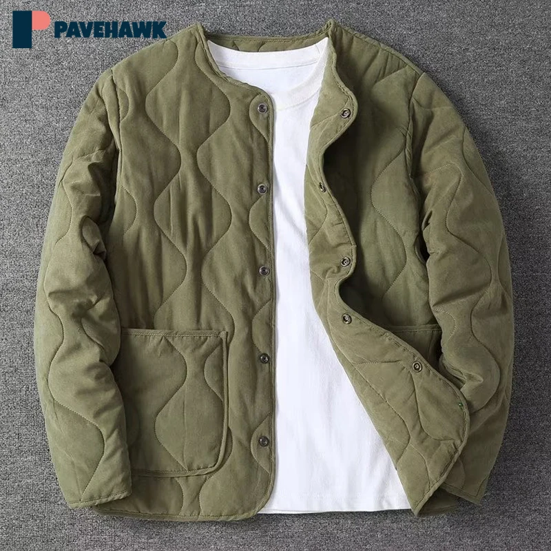 

Army Green Retro Thickened Jacket Men Winter O-neck Versatile Quilted Coats Techwear Button Up Male Loose Casual Padded Jackets