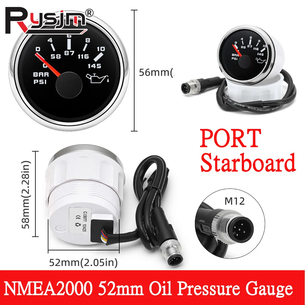 

NMEA2000 52mm 2'' Marine Boat Oil Pressure Gauge 0-10Bar Oil Press Indicator Universal 12V/24V Car Pressure Meter Red Backlight