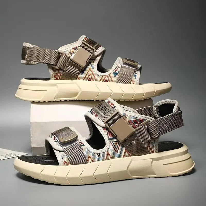 

Man's Summer New Canvas Print Casual Sports Sandal Thick Sole Non Slip Velcro Open Toe Dual Purpose Outdoor Beach Sandal Slipper