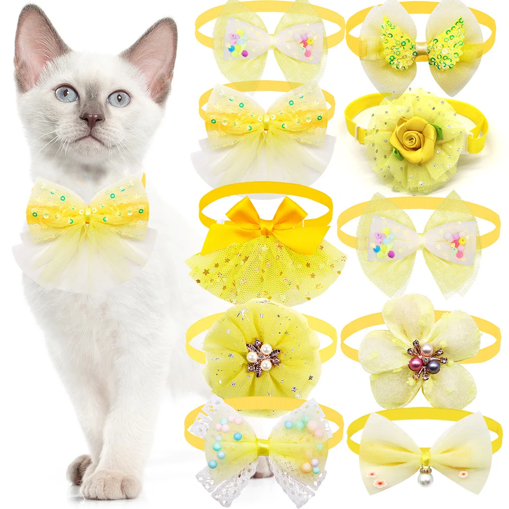 10pcs Pet Dog Bow Collar Adjustable Dog Cat Bows Collar Lace Bling Necktie for Small Dog Accessories Puppy Grooming Supplier