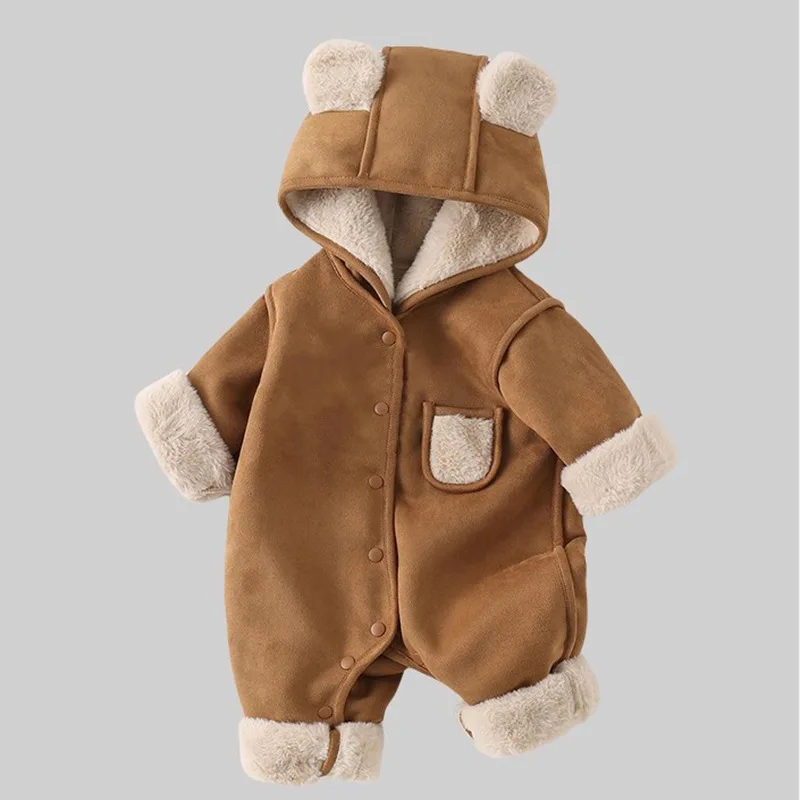 

Infant Boy Girl Long Sleeve Fleece Jumpsuit Toddler Clothes 0-24M 2025 Winter New Baby Warm Hooded Romper Plus Velvet Thick
