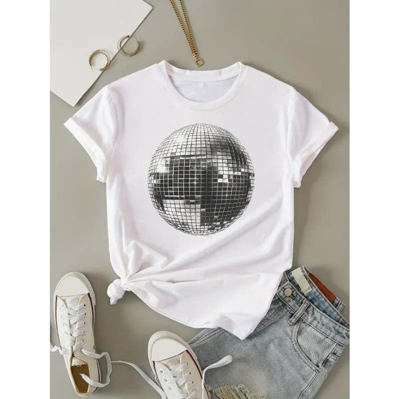 Women's Clothing Disco Ball Print Crew Neck T-shirt Short Sleeve Casual Travel Tops Summer Spring Women's Couple Olympic Top