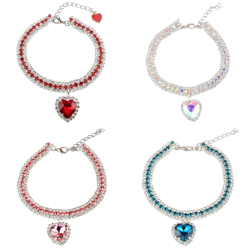 Dog Shiny Rhinestone Collar Cat Heart Diamond Jewelry Necklace Pet Bling Princess Collar Puppy Supplies Accessories ,C