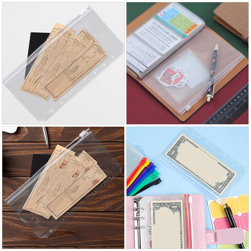 

12pcs Clear 6-Hole Binder Pockets Plastic Loose Leaf Notepad Bags For Business Files Documents Storage Zipper Pouches Reusable