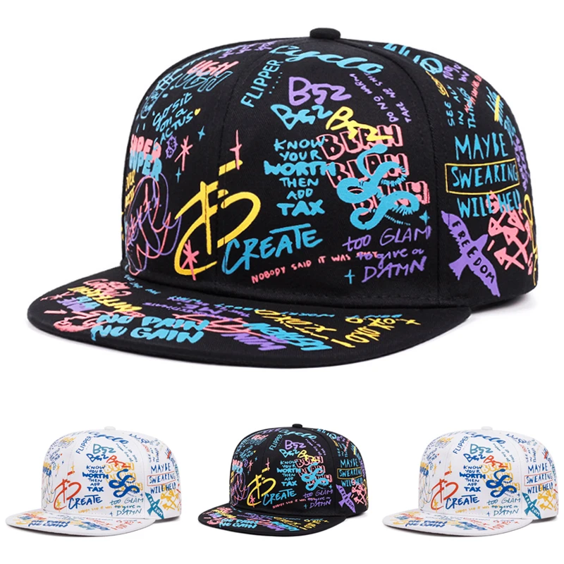 2026 New Fashionable Creative Hip Hop Hat Color Graffiti Printed Baseball Hat Outdoor Leisure Sunshade Hat Unisex Flat Edge Hat
