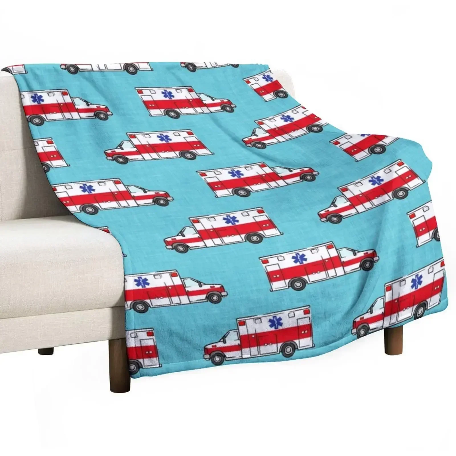 Ambulance on Teal Throw Blanket Flannel Fabric sofa bed Luxury Large Sofa Quilt Furry Blankets