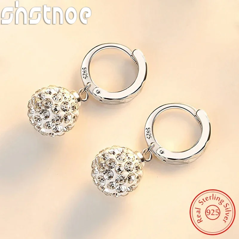 

SHSTONE 925 Sterling Silver New Crystal Zircon Shambhala Beads Drop Earrings Lady's Fashion Charm Party Wedding Jewelry Gift