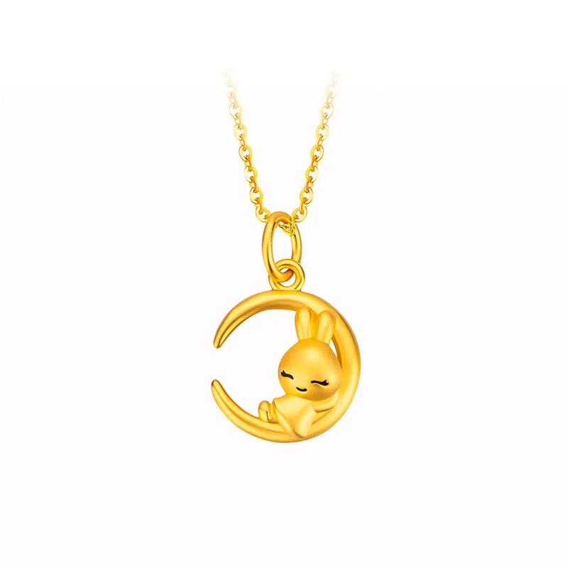 Small Group High Sense Moon Rabbit Necklace for Women Pure 18K Gold Pendants Romantic with Box Gifts Jewelry