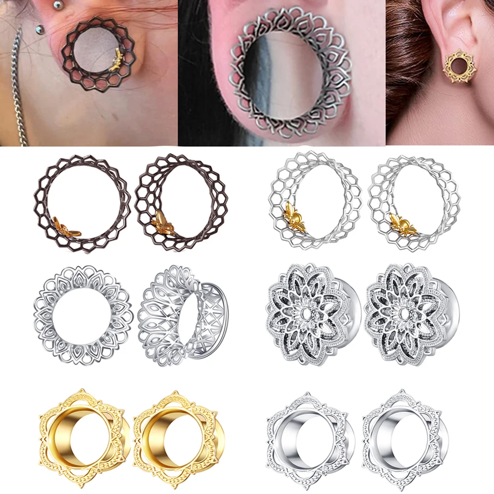 Cool Ear Plugs Tunnels Expander Double Flare Brass Earlobe Tunnels Stretcher Earrings Body Piercing Gauges for Ears Bee Flower