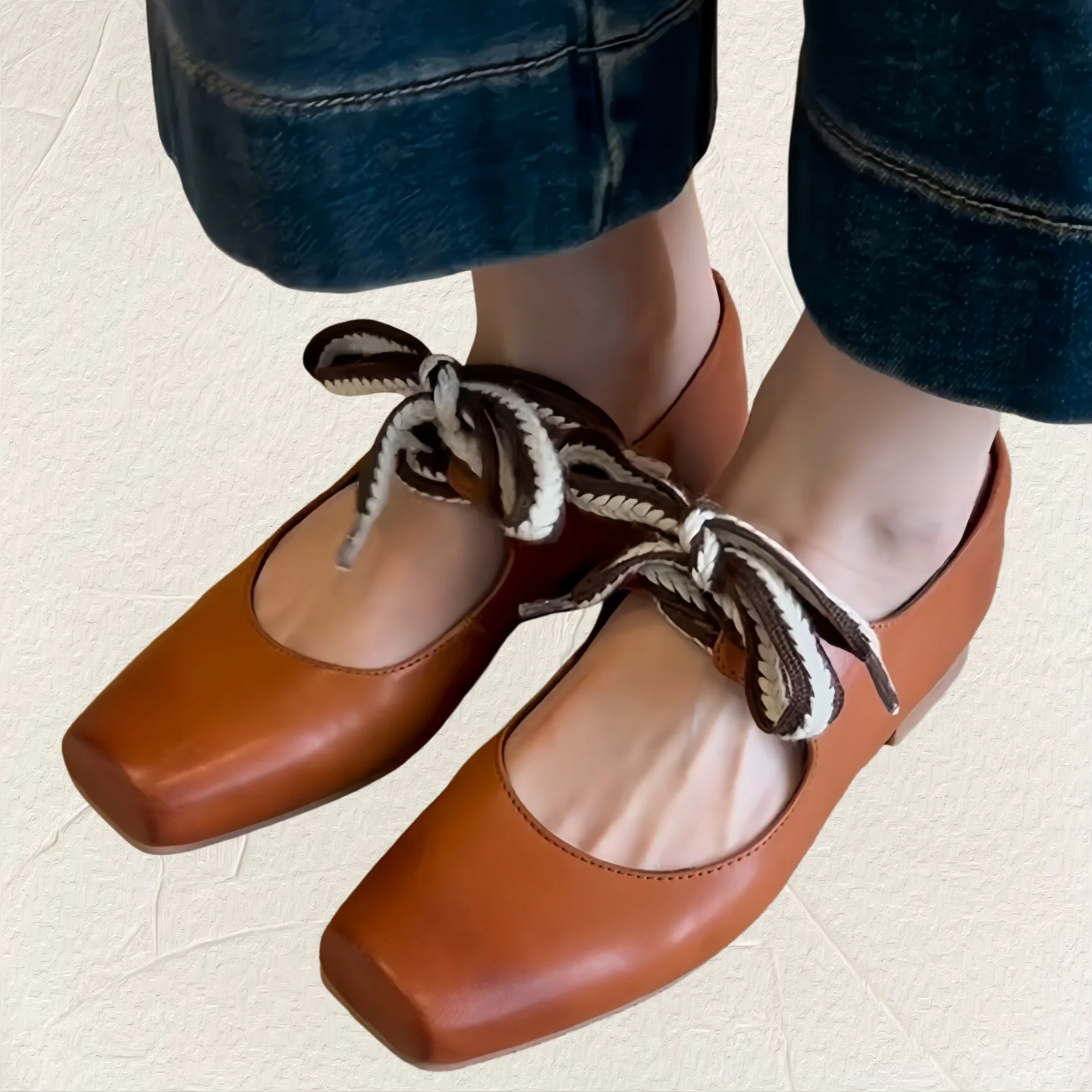 

Retro Lace Up Single Shoes Soft Soled Ballet Shoes Literary Mary Jane Shoes Square Toe Leather Shoes Lace Up Design Single Shoes