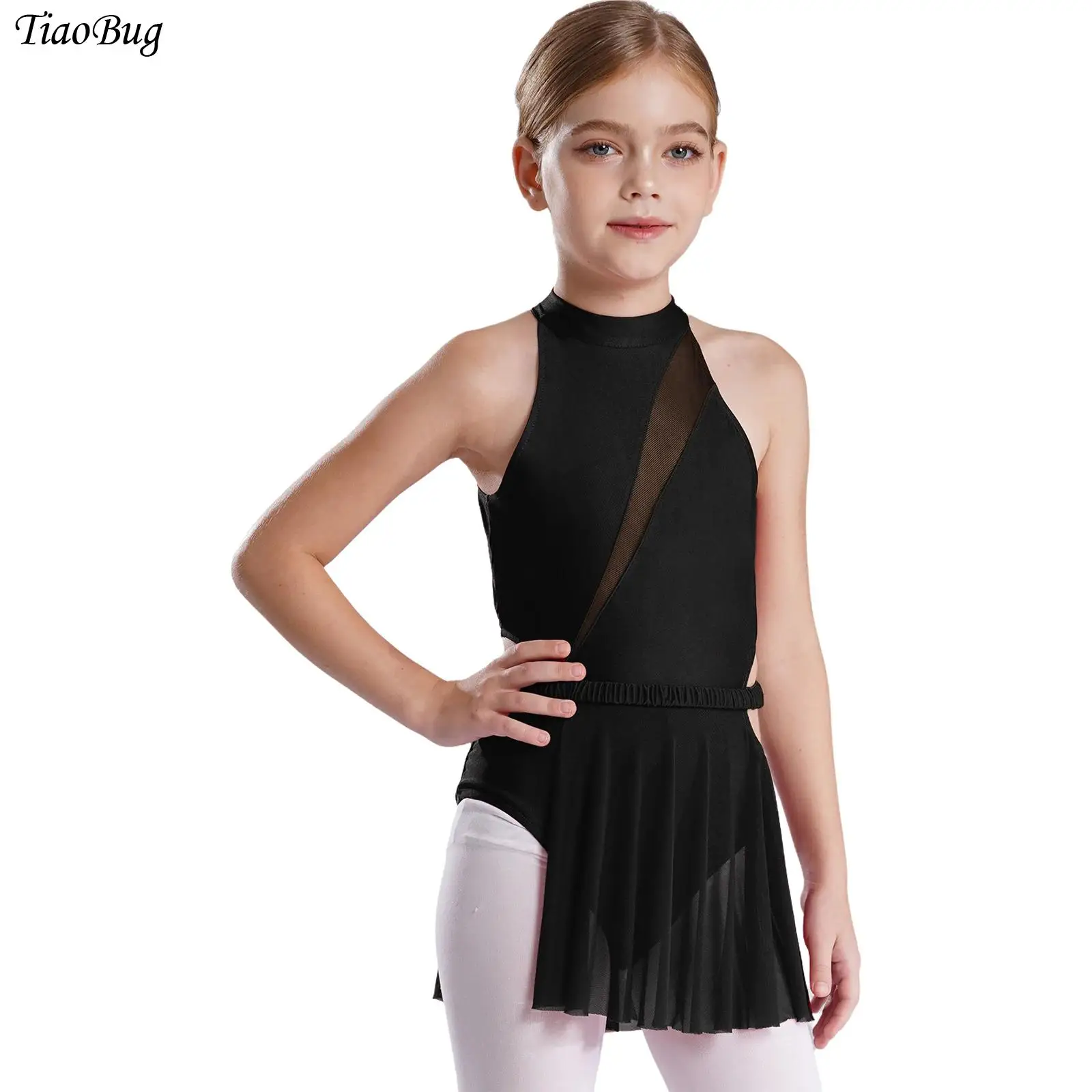 

Kids Girls Lyrical Dance Dress Cutout Elastic Waist Sheer Mesh Patchwork Side Split Dresses Modern Ballet Performance Costume