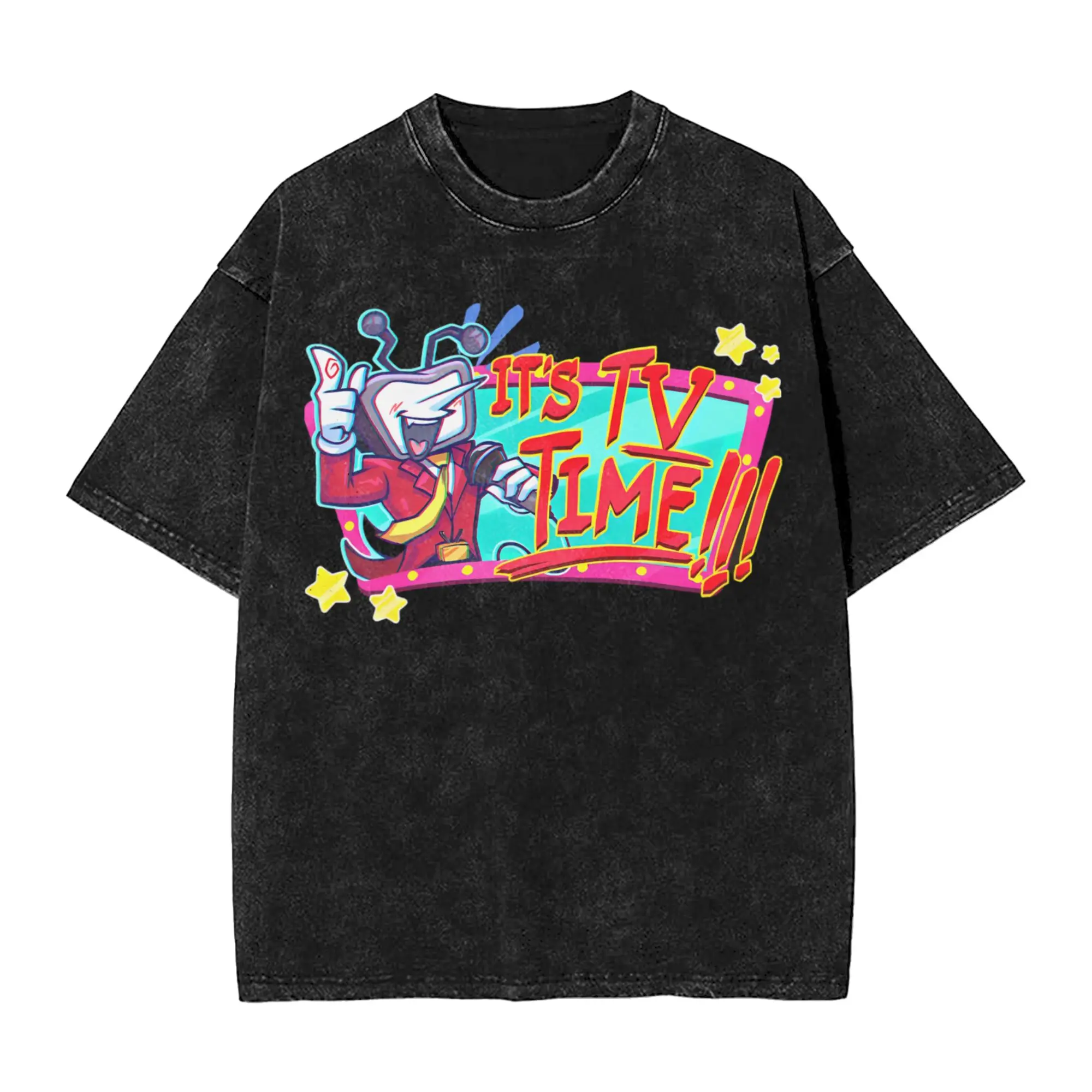 Washed T Shirt It's TV Time Game Retro T-Shirt High Street Tenna Deltarune Streetwear 100% Cotton Graphic Tops Tees Men Women