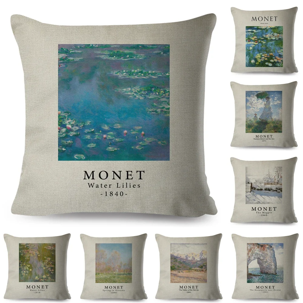 Nordic Style Claude Monet Abstract Impressionist Linen Pillow Case for Sofa Decor Abstract Double Print Cushion Cover Pillowcase