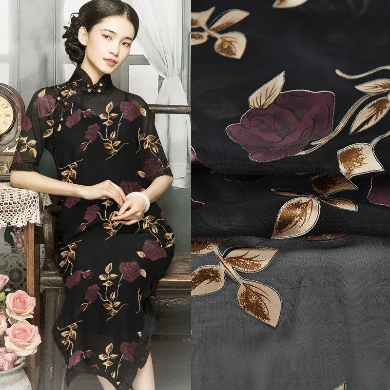 135CM Wide 75G/M Purple Rose Thin Burntout Black Fabric Good for Summer Dress Skirt Shirt DIY Sewing Material JH184