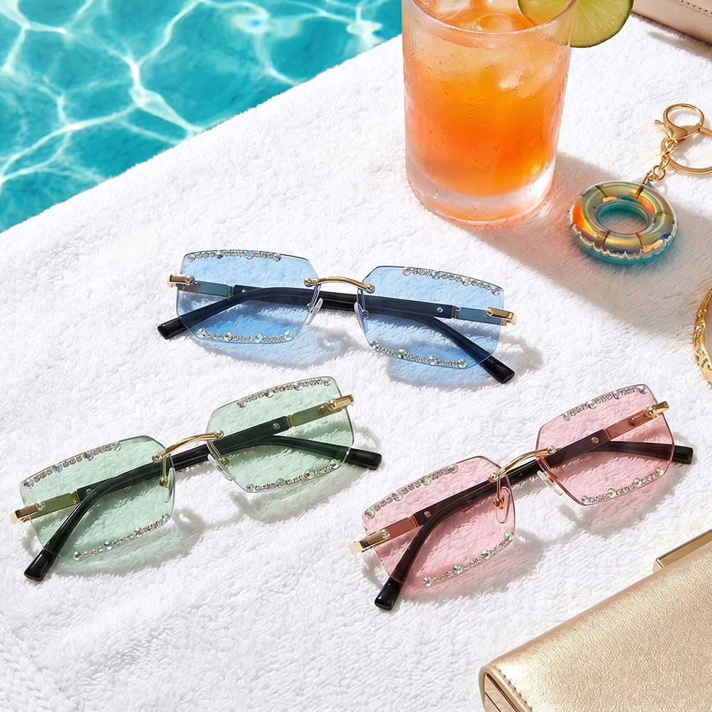 Neue Quadratische Rahmenlose Sonnenbrille für Damen und Herren, Marken-Rechteck-Sonnenbrille, Ovale Brillen für Männer und Frauen