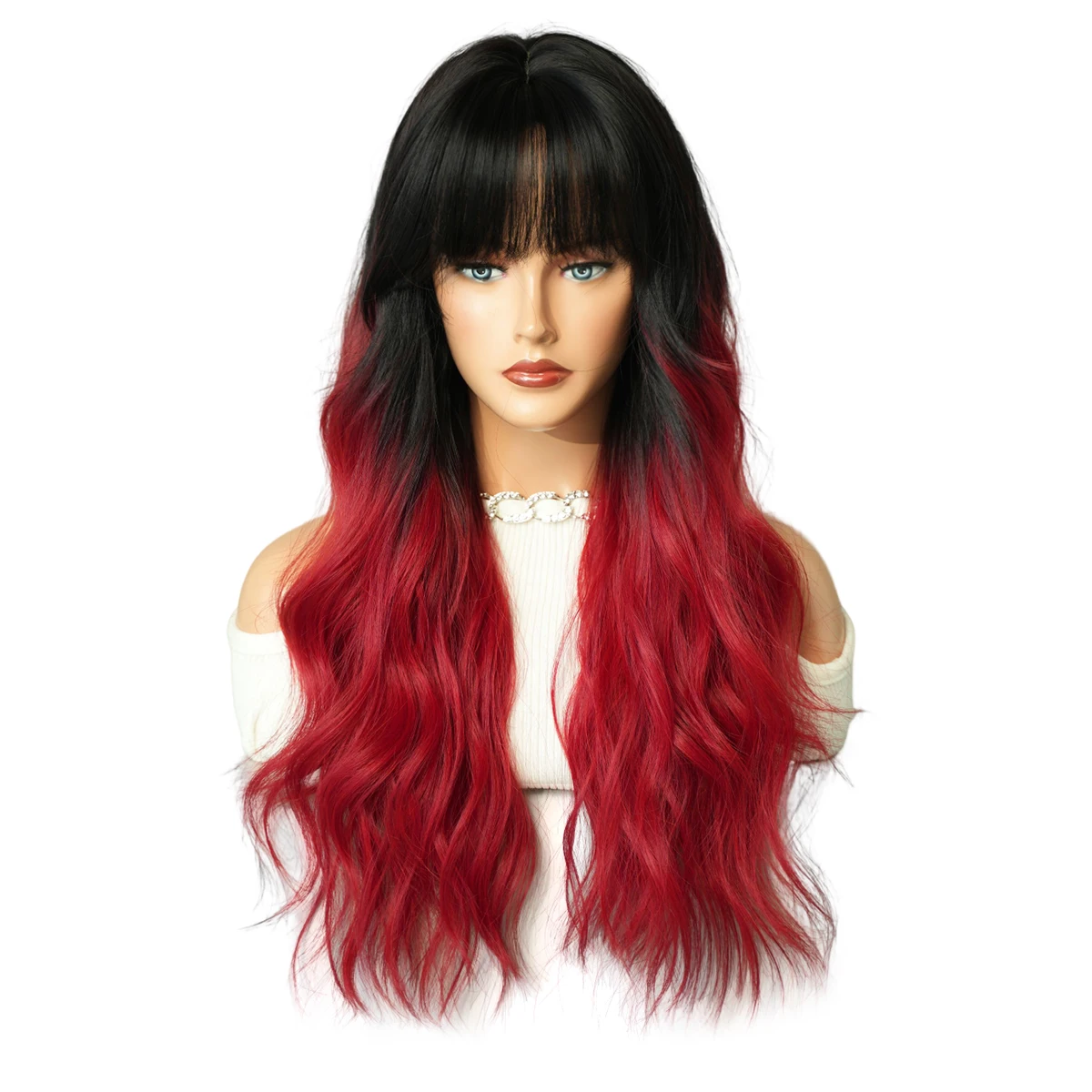 NAMM Long Wavy Ombre Black To Red Wig for Women Daily Cosplay Party Synthetic Lavender Hair Wig with Fluffy Bangs Heat Resistant