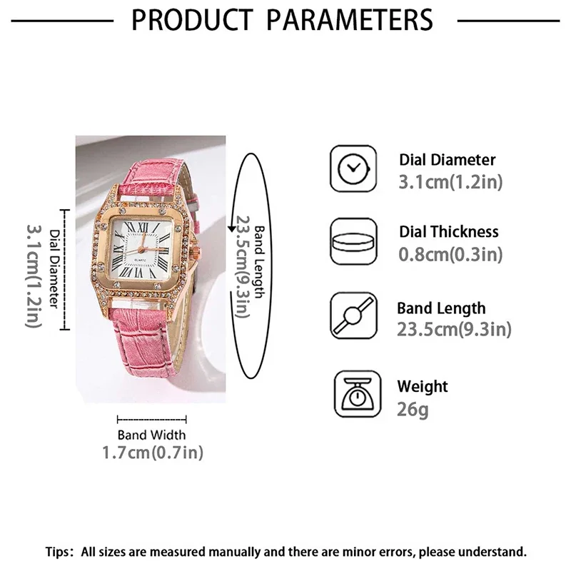 6PCS Women Watch Pink Leather Band Ladies Watches Fashion Casual Quartz Wristwatch Butterfly Design Ring Necklace Earrings Watch
