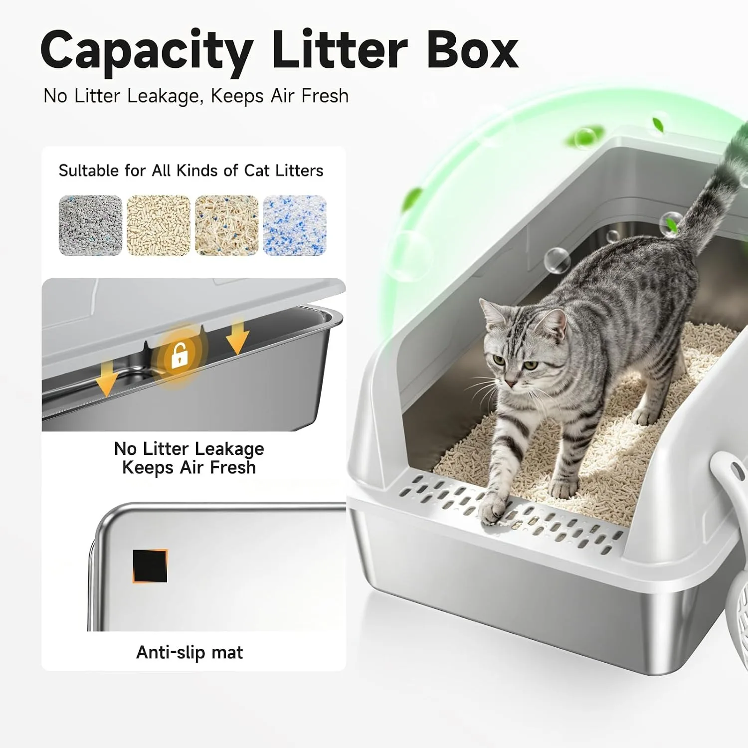 Stainless Steel XL Cat Litter Box for Cats, High-Sided Design Prevents Urine Leakage, Non-Stick, Easy to Clean, Includes Scoop view 3