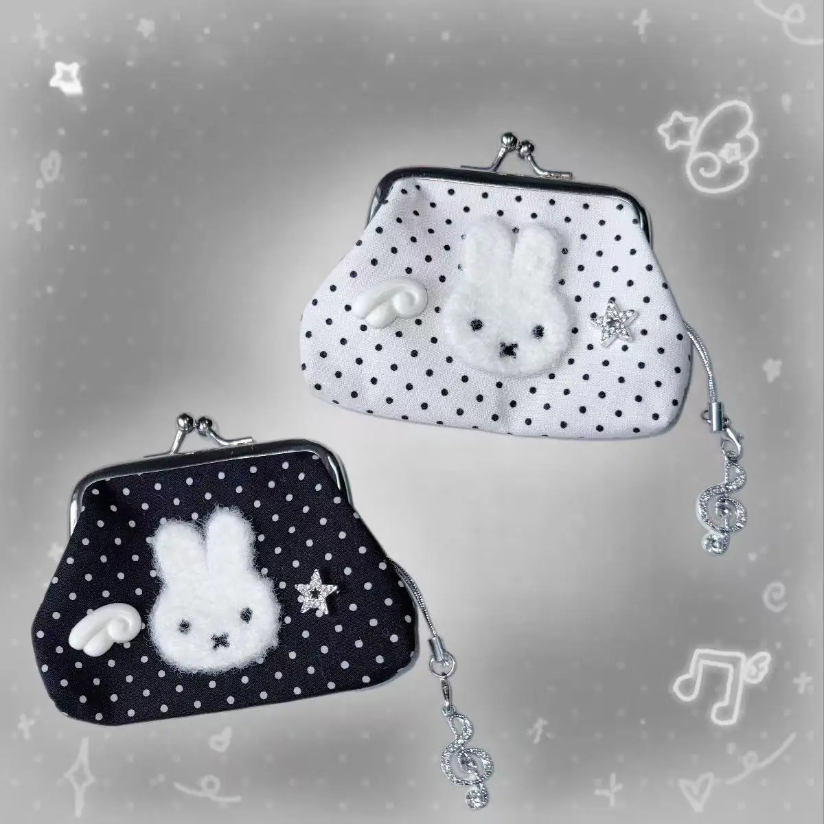 Cute Miffy Rabbit Polka Dot Handmade Angel Wing Vintage Y2K Star Note Mini Earphone Bag Coin Purse Girly Portable Kawaii Lovely - view 6