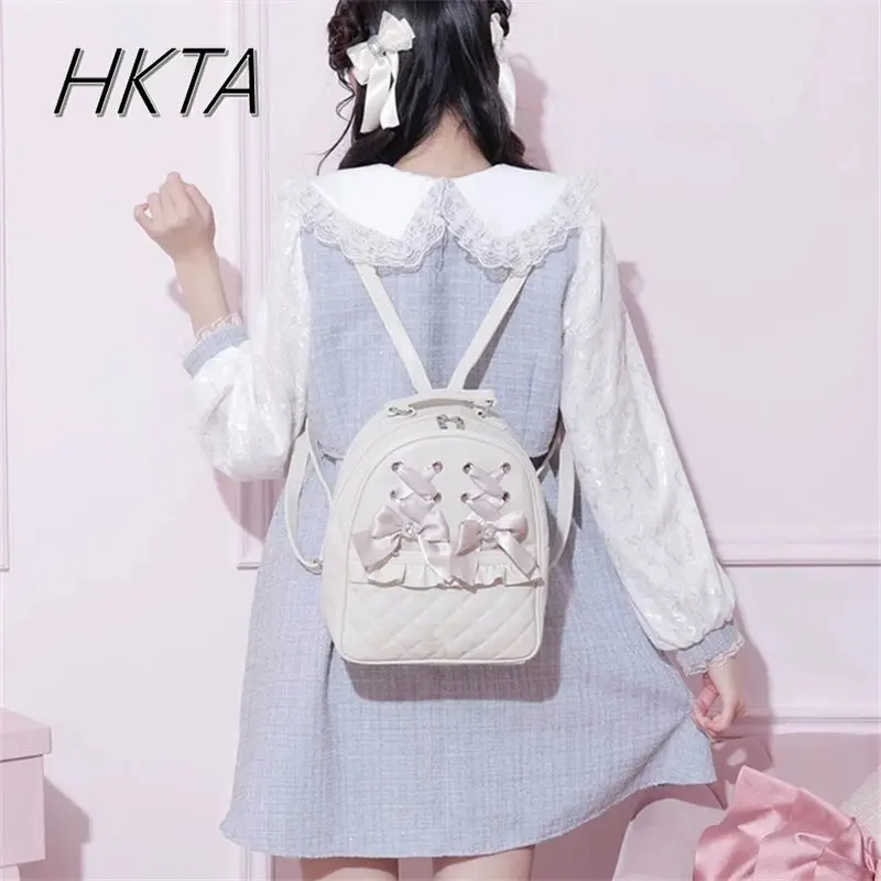 Японский рюкзак в стиле Лолиты с бантом и стразами, женский рюкзак Mine, новая повседневная универсальная сумка, милые милые рюкзаки из искусственной кожи для девочек, большая вместительная сумка