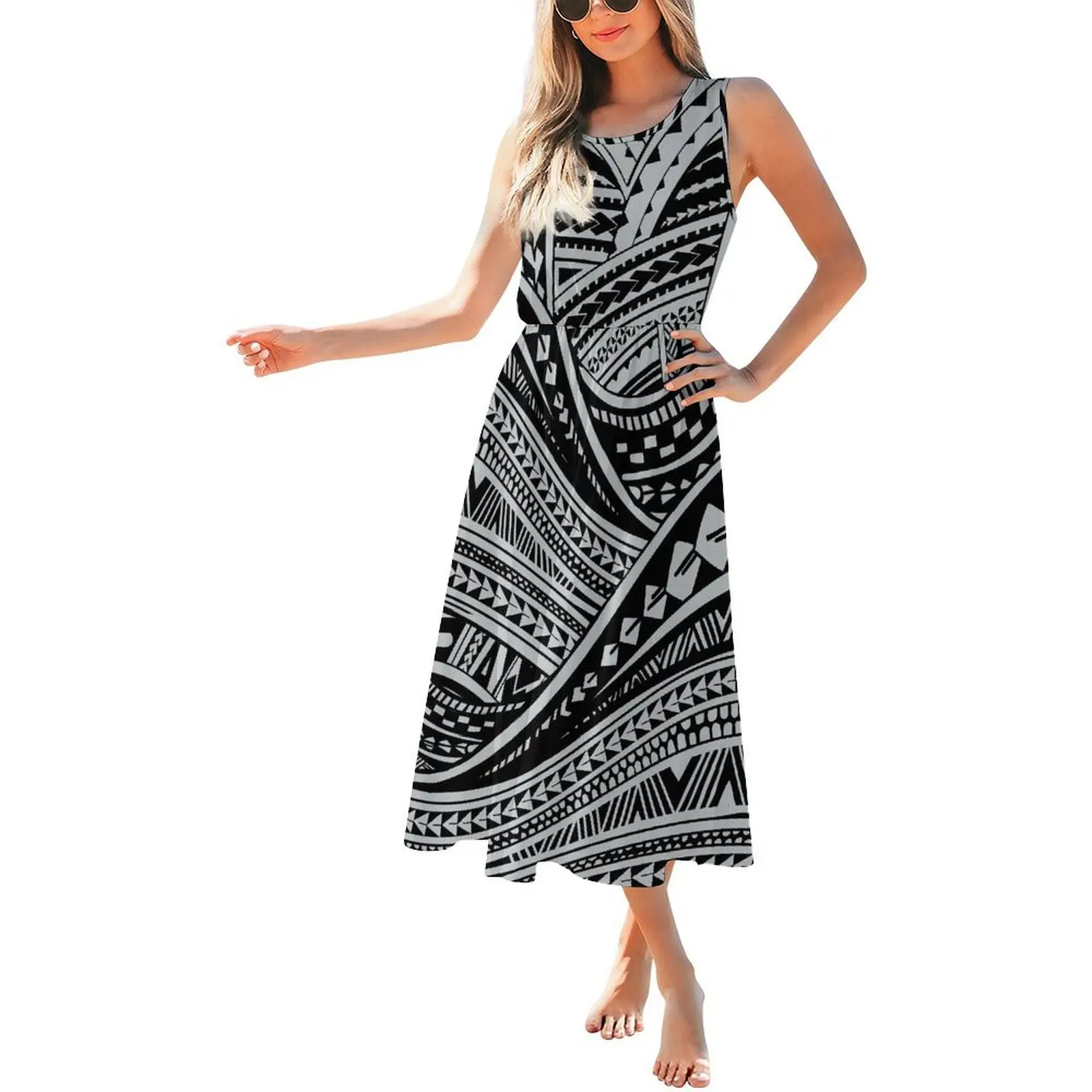 

Летнее простое и элегантное длинное свободное женское платье без рукавов с круглым вырезом на заказ в полинезийском племенном стиле