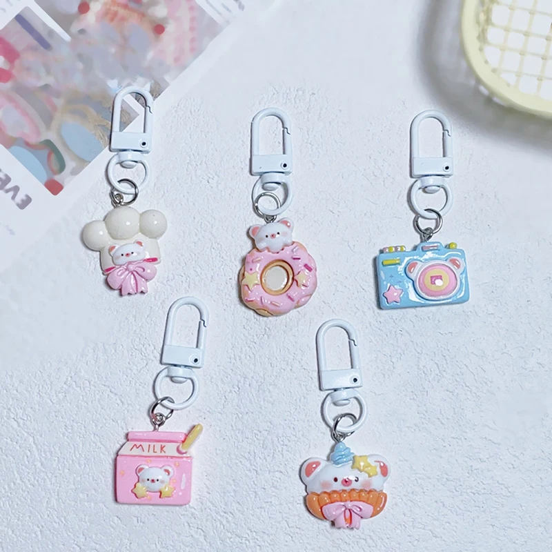 Chaveiro de Donut de Leite dos desenhos animados Chaveiro Urso Doce Bonito Chaveiro para Meninas, Saco Pingente Acessórios, Decoração Mochila, Adorável