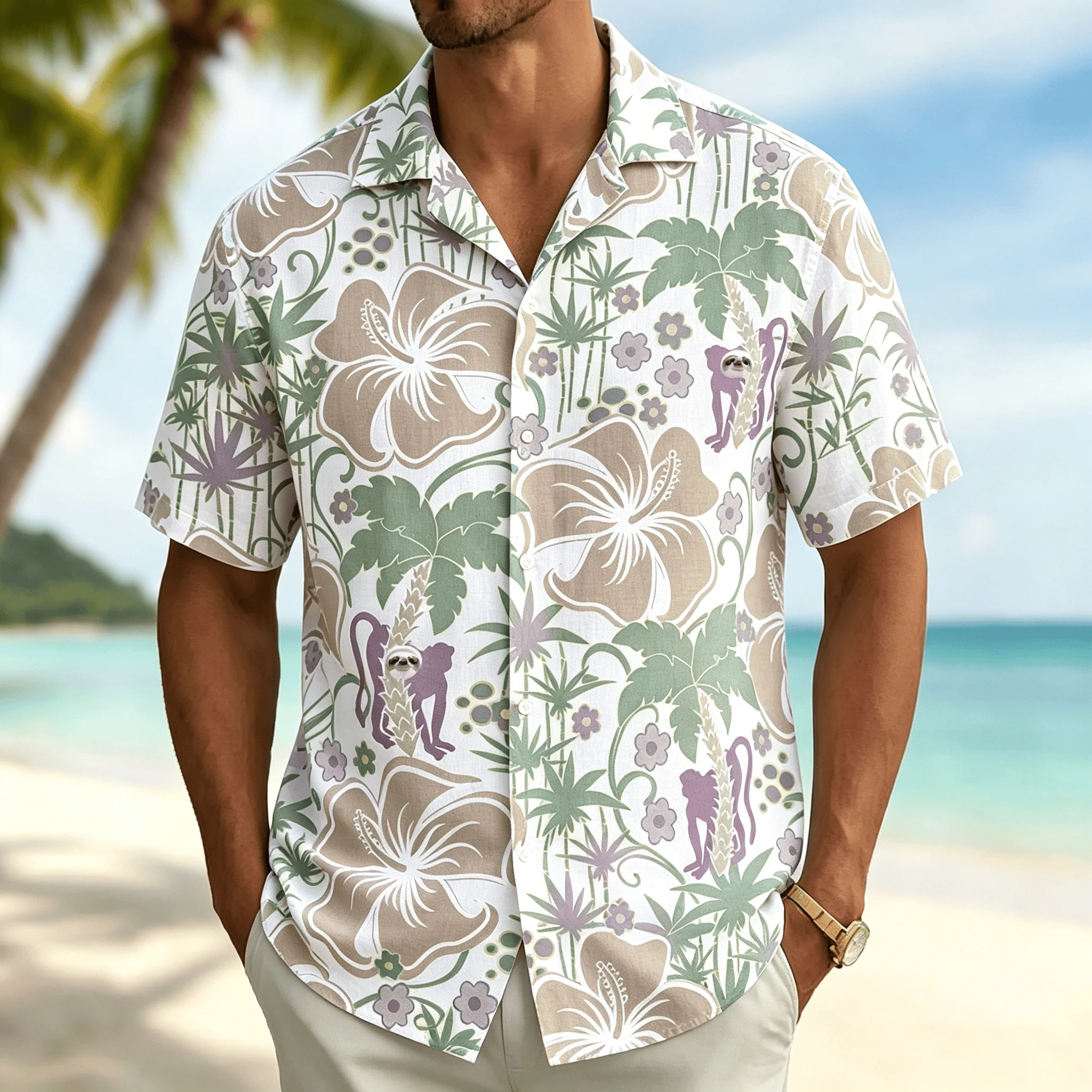 

Men's Tropical Monkey & Hibiscus Print Short Sleeve Shirt, White Base Accents, Casual Hawaiian Top for Spring & Summer