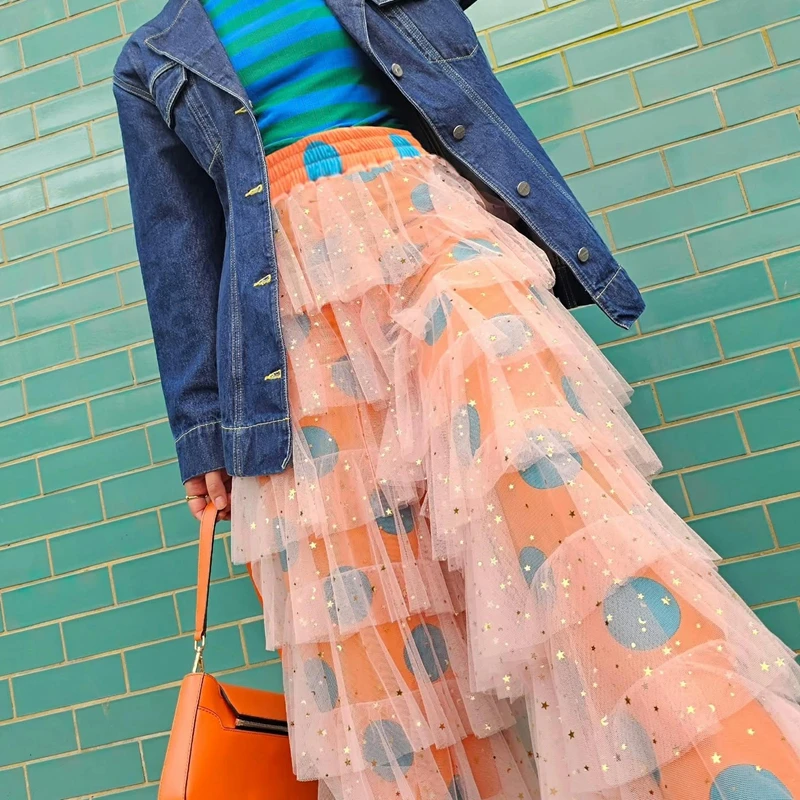 بنطلون نسائي من Combhasaki مزين بالترتر اللامع من التول والكشكشة بطبقات من الدانتيل وطباعة نقطة Y2k بنطال مرن عالي الخصر متدرج فضفاض واسع الساق #2