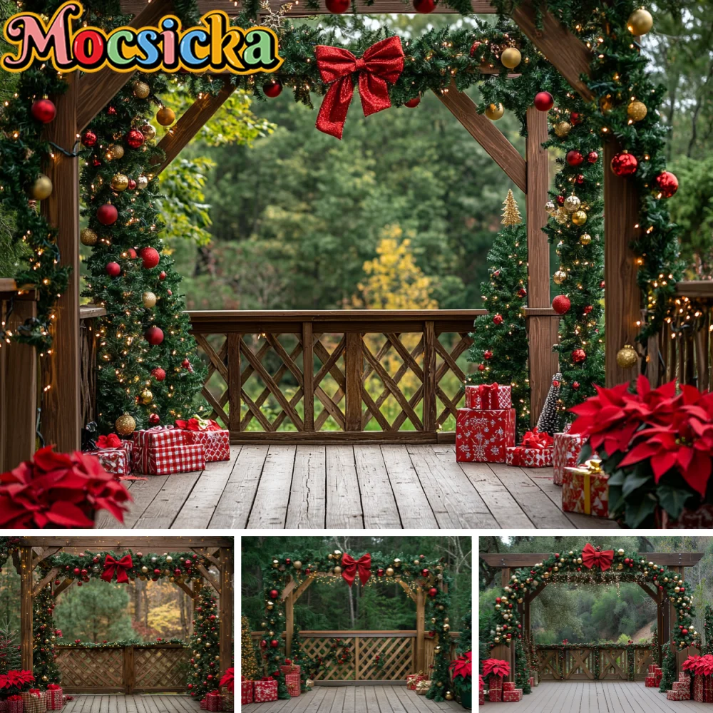 Outdoor Christmas Wooden Arch Photography Backdrop Xmas Bow Garland Tree Gift Boxes Background Holiday Party Photo Booth Props