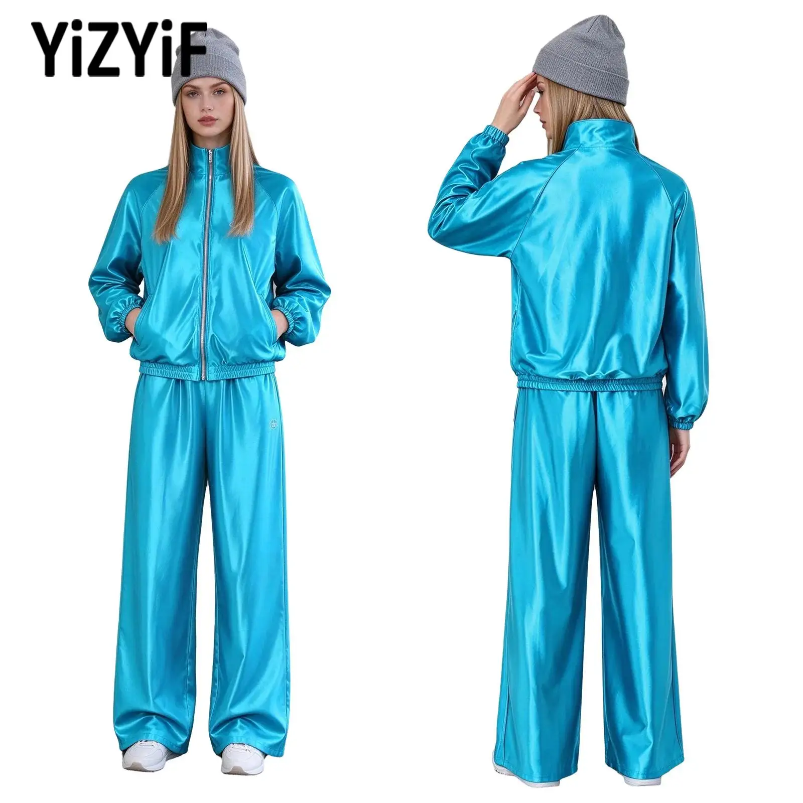 Women Satin Tracksuit Stand Collar Long Sleeve Zipper Oversized Sweatshirt Jacket And Wide Leg Pants with Pockets Sports Outfit