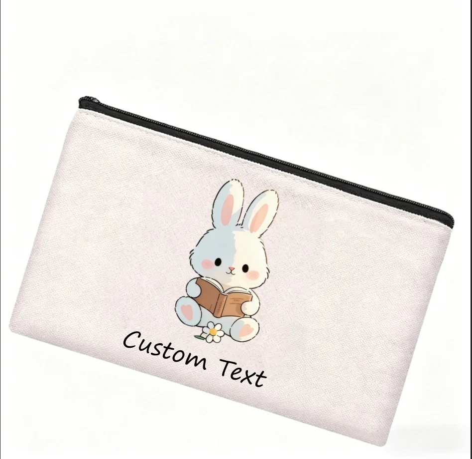 1PC Personalized Custom Text Cute Reading Rabbit Cosmetic Bag Canvas Zipper Makeup Storage Pouch
