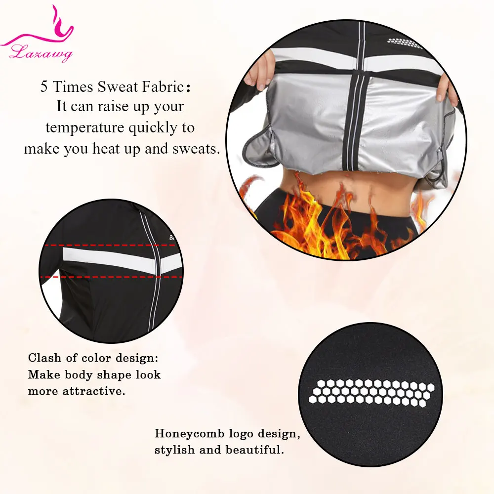 LAZAWG Sauna Jacket for Women Sweat Zipper Top Slimming Shirt Weight Loss Suit Body Shaper Fat Burner Workout Fitness Exercise