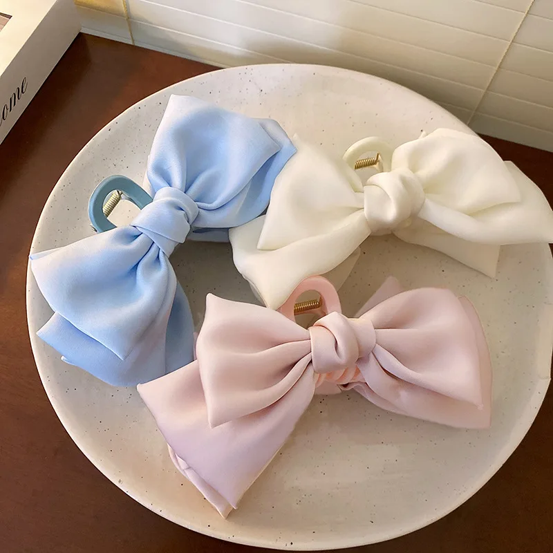 Fashion Double Side Solid Satin Chiffon Big Bows Plastic Large Crab Clips Claw for Women Girls Thick Hair Accessories Headwear