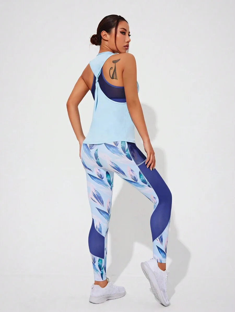 

Womens Printed Racerback Bra High Waisted Leggings Twisted Back Tank Top Athletic Set