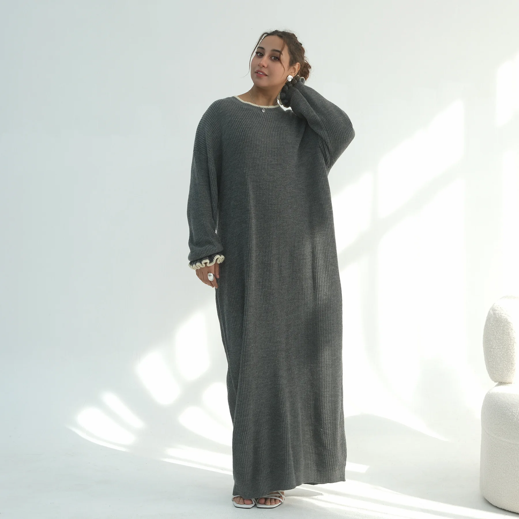 Muslim Dubai Middle East Winter Thicken Warm Knit Sweater Abayas For Women Evening Long Dress Ramadan Robe Femme Islam Clothing
